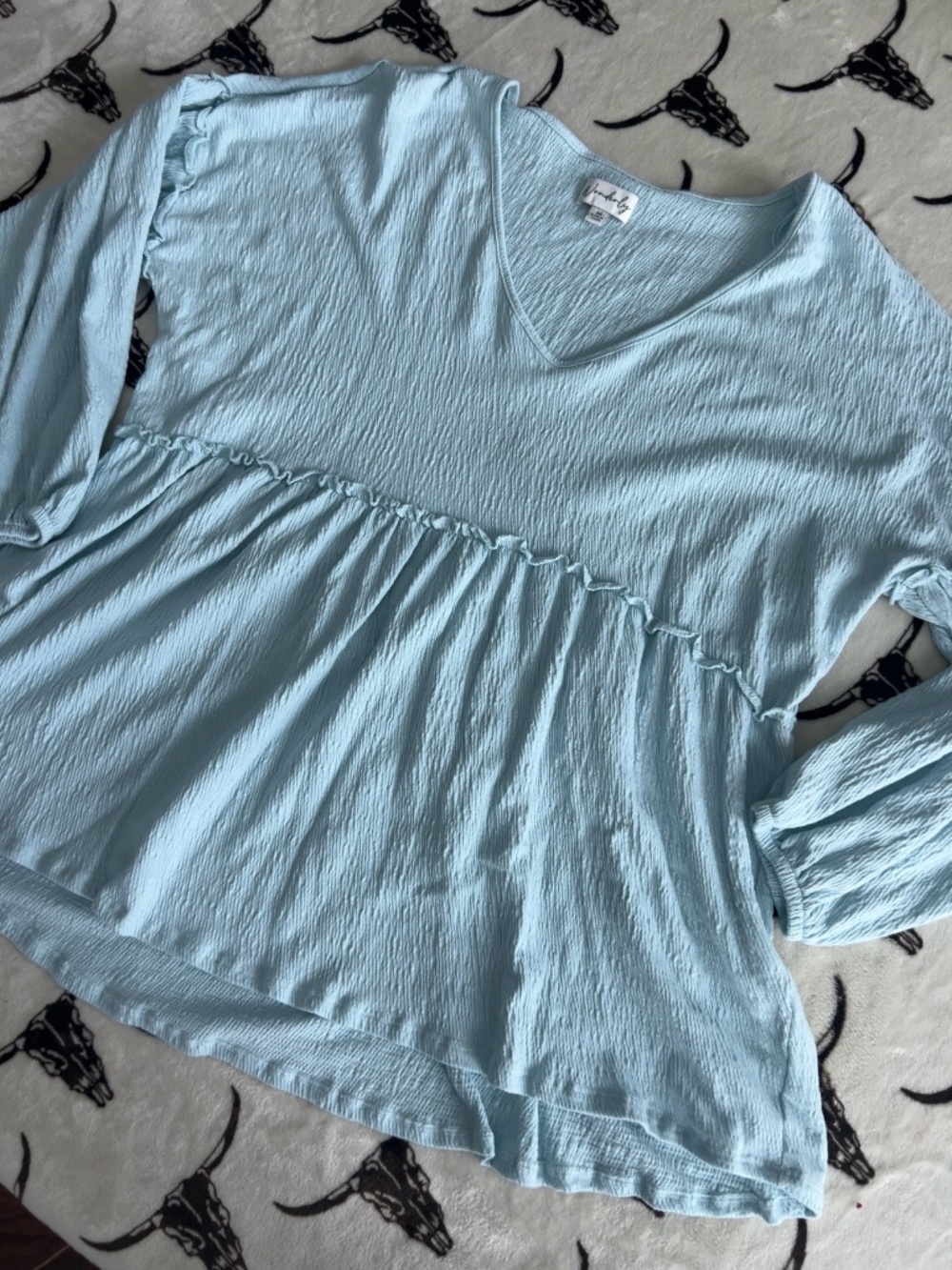 Wonderly Light Blue Textured Peplum Ruffle Sleeve Top Size Medium